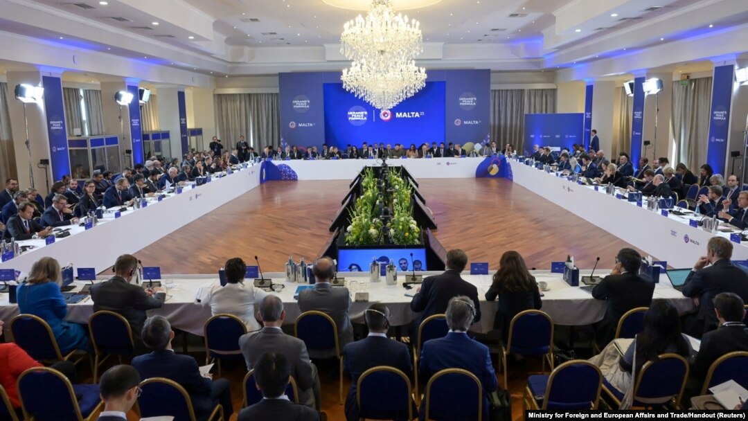 Delegates attend a weekend meeting at an unnamed hotel in St. Julian's, Malta, to discuss Ukraine's peace formula for ending the war with Russia, Oct. 28, 2023. (Ministry for Foreign and European Affairs and Trade/Handout via Reuters)