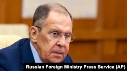 Russian Foreign Minister Sergey Lavrov attends the talks with Chinese Foreign Minister Wang Yi during their meeting in Beijing, China, Oct. 16, 2023.