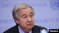 FILE - United Nations Secretary-General Antonio Guterres speaks to the media regarding Russia's invasion of Ukraine, at the United Nations Headquarters in New York City, March 14, 2022.