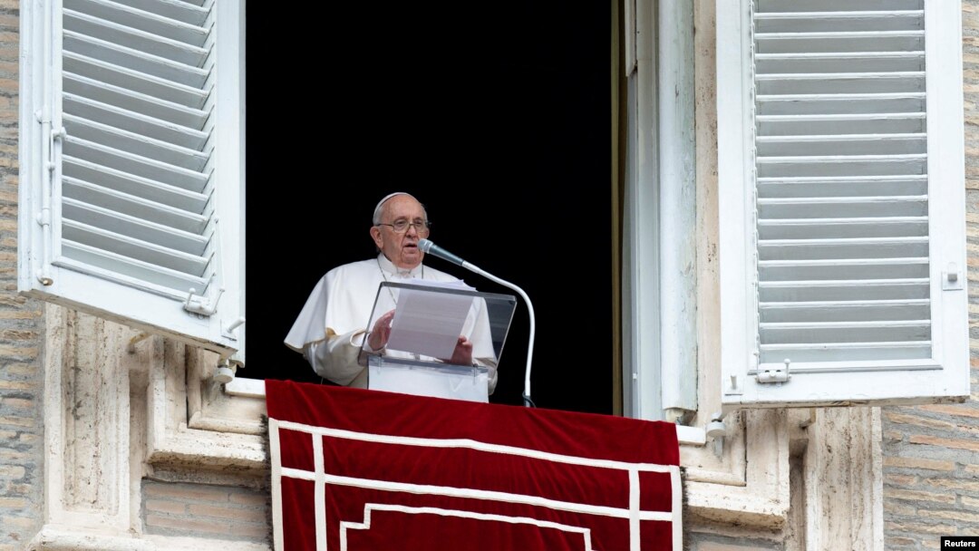 Pope Francis speaks during Regina Caeli prayer, in Saint Peter's Square at the Vatican, May 1, 2022. (Vatican Media/­Handout via Reuters)