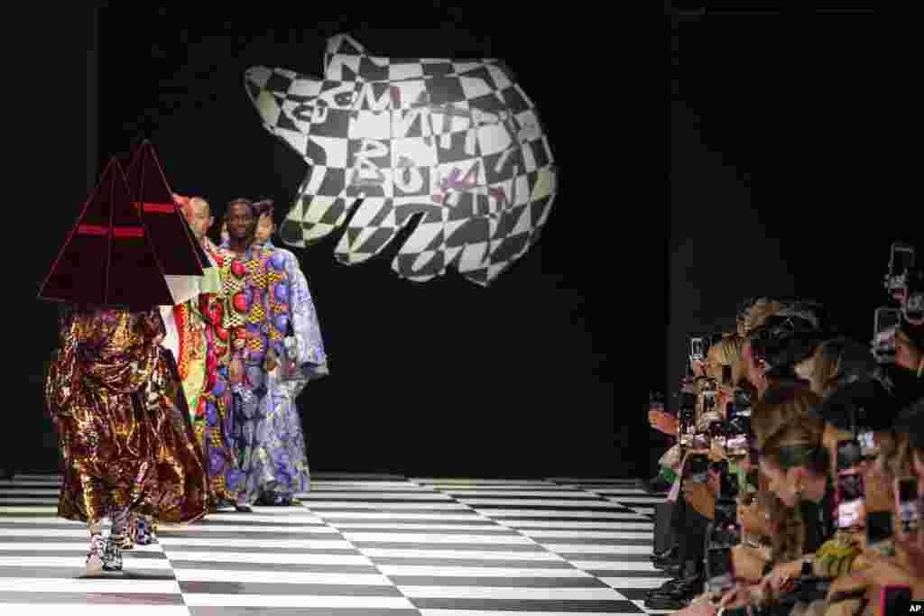 Models wear creations as part of the Matty Bovan women's Spring Summer 2023 collection, supported by Dolce & Gabbana, presented in Milan, Italy.