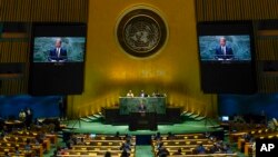Britain's Prince Harry addresses the U.N. General Assembly during its annual celebration of Nelson Mandela International Day, at United Nations headquarters, July 18, 2022.