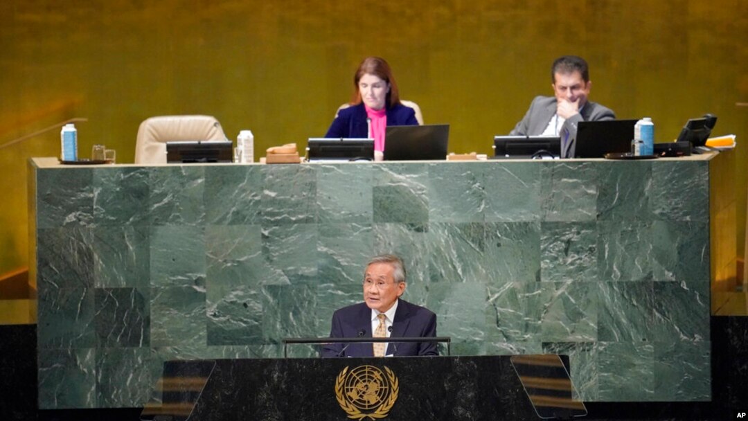 ၇၇ ကြိမ်မြောက် ကုလအထွေထွေညီလာခံမှာ ထိုင်း ဒုတိယဝန်ကြီးချုပ်နဲ့ နိုင်ငံခြားရေးဝန်ကြီး Don Pramudwinai မိန့်ခွန်းပြောစဉ်။( စက်တင်ဘာ ၂၄၊ ၂၀၂၂၂)