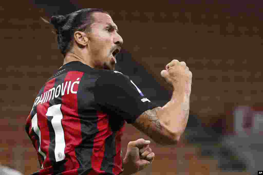 Zlatan Ibrahimovic, AC Milan - Striker AC Milan striker Zlatan Ibrahimovic tested positive for the coronavirus in September saying, "COVID had the courage to challenge me. Bad idea.". He recovered from the infection in time to play against Inter Milan in the Derby della Madonnina on Oct. 17. Photo: AC Milan's Zlatan Ibrahimovic celebrates his goal against Bologna during the Serie A soccer match between AC Milan and Bologna at the San Siro stadium, in Milan, Italy, Monday, Sept. 21, 2020. (AP Photo/Antonio Calanni)