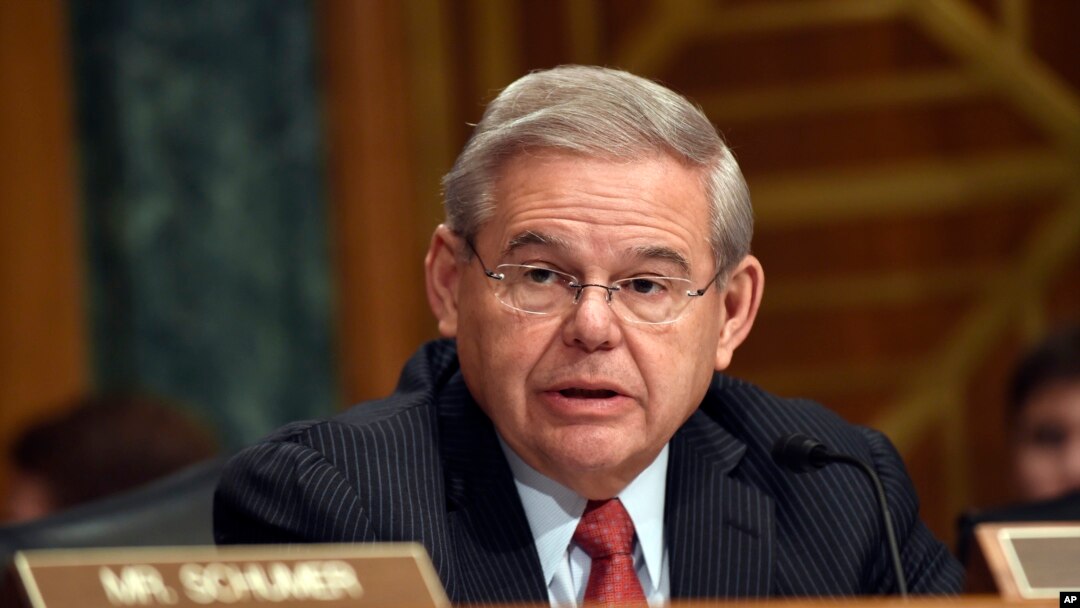 FILE - Sen. Robert Menendez addresses fellow members of the Senate Banking Committee in Washington, Jan. 27, 2015.