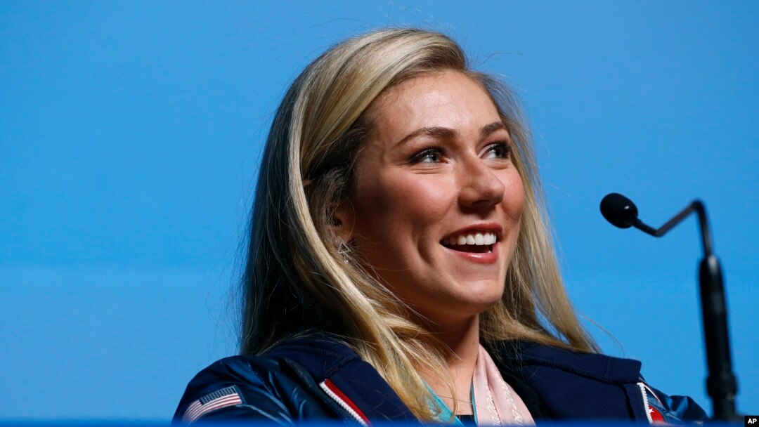 Alpine skier Mikaela Shiffrin of the United States speaks at a news conference at the 2018 Winter Olympics in Pyeongchang, South Korea, Feb. 23, 2018. 