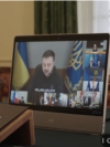 In this photo taken from video on March 15, 2025, British Prime Minister Keir Starmer participates from London in a virtual meeting with a group of European, Australian, New Zealand and Canadian leaders. They discussed the proposed ceasefire between Russia and Ukraine.