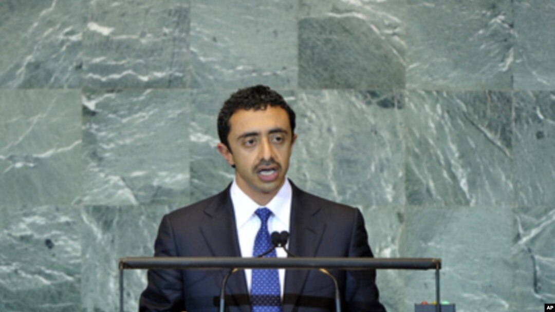 Sheikh Abdullah Bin Zayed al-Nahyan, Minister for Foreign Affairs of the UAE, addresses the general debate of the 66th session of the General Assembly, at UN headquarters in New York, Sept. 26, 2011.