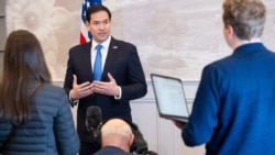 US Secretary of State Marco Rubio speaks to the media during a refueling stop at Shannon Airport in Shannon, Ireland, March 12, 2025, as he travels from talks with Ukraine in Saudi Arabia to attending a G7 Foreign Ministers meeting in Canada.