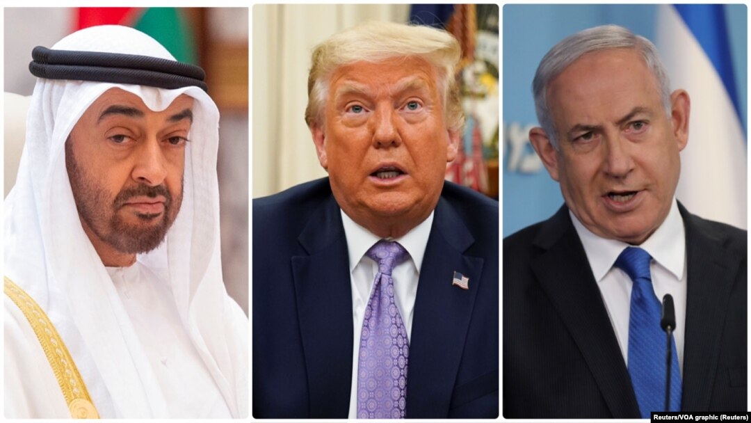  Mohammed Bin Zayed, Abu Dhabi’s Prince sheikh Prince oyo azali na motole, président Donald Trump ya Amerika mpe Ministre wa Yambo ya Israël Benjanim Netanyahu