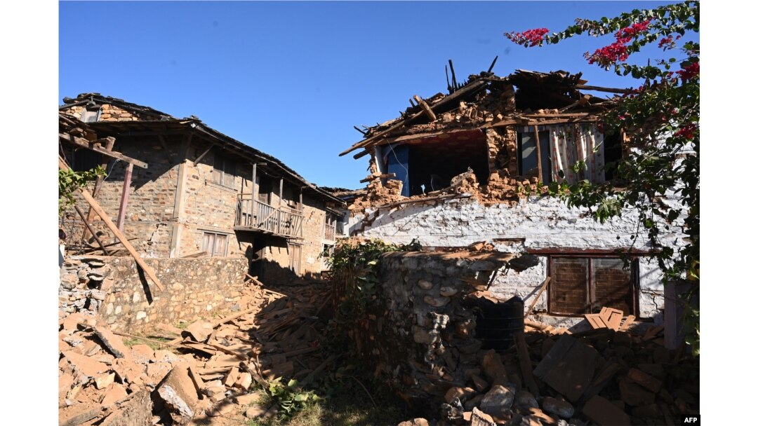 Homes are left damaged in Jajarkot, Nepal, on Nov. 4, 2023, following an overnight 5.6-magnitude earthquake.