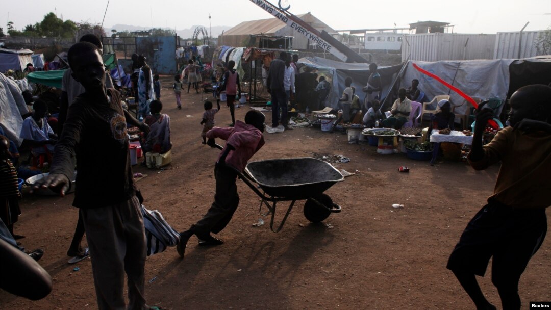 South Sudanese children displaced by the fighting are seen in a camp for displaced persons in the UNMISS compound in Tongping in Juba, South Sudan, Feb. 19, 2014.