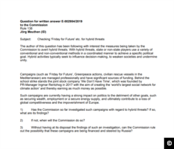 Screen capture of a letter from MEP Jörg Meuthen, asking the European Commission if it could rule out that Fridays for Future (FFF) and other environmental campaigns are “hybrid threats” possibly “being financed and steered by Russia”.