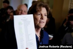 U.S. -- Senator Jeanne Shaheen (D-NH) speaks about the U.S. President’s decision not to impose sanctions on Russia during a media briefing on Capitol Hill in Washington, January 30, 2018.