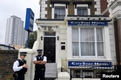 U.K. -- Police officers stand outside the City Stay Hotel used by Anatoliy Chepiga and Alexander Mishkin, who have been accused of attempting to murder former Russian spy Sergei Skripal and his daughter Yulia; in London, September 5, 2018