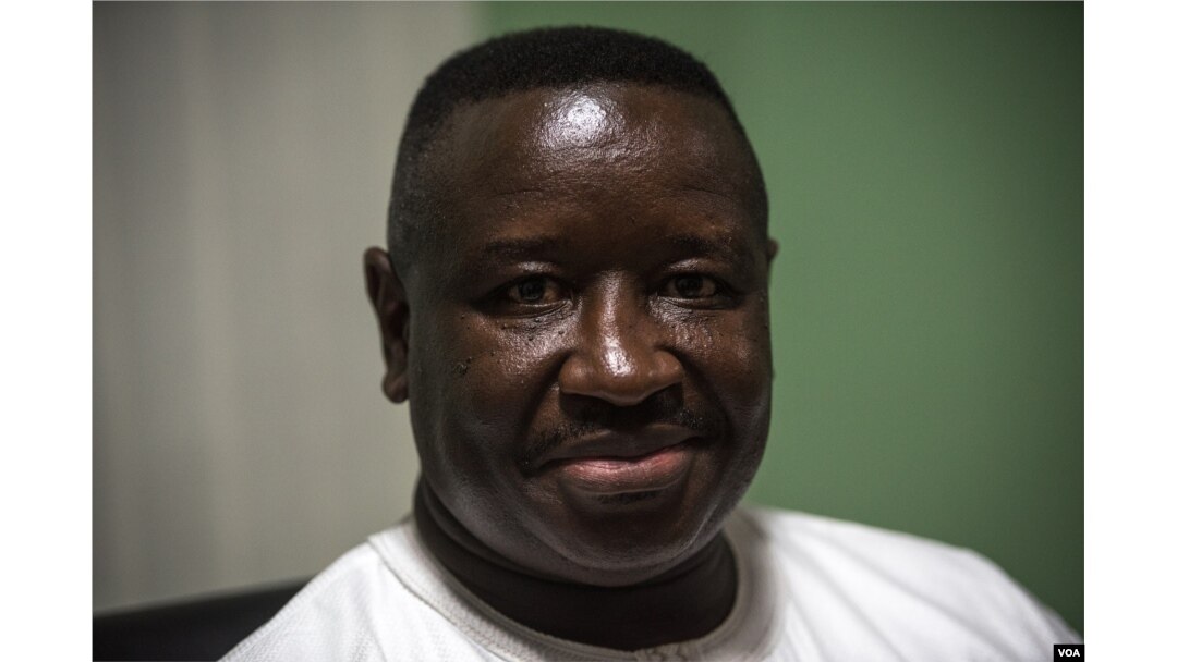 Sierra Leone People's Party presidential candidate Julius Maada Bio is pictured after speaking to reporters in his party's headquarters in Freetown's Goderich neighborhood, March 7, 2018. (J. Patinkin/VOA)