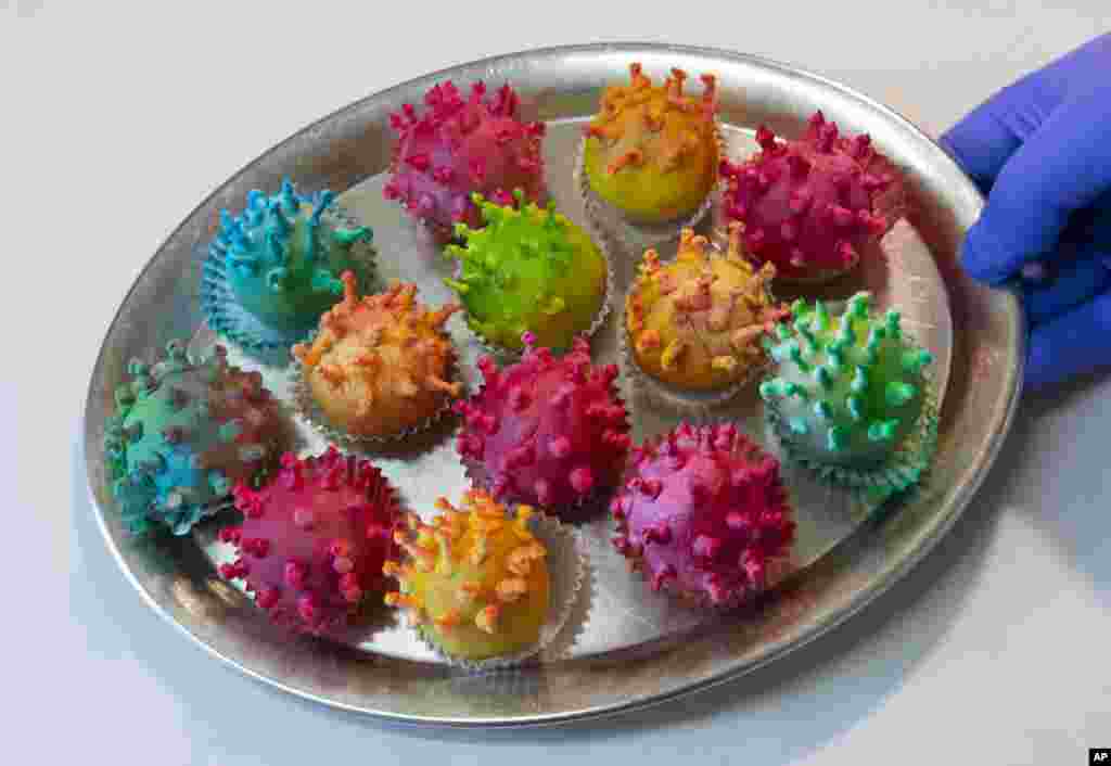Master confectioner Torsten Roth presents his so called 'Corona Antibody Pralines' in the Roth Backery in Erfurt, central Germany.