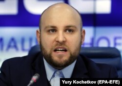 RUSSIA -- Markus Frohnmaier, member of the right-wing populist 'Alternative for Germany' (AfD) party in the German 'Bundestag' parliament, attends a news conference in Moscow, March 19, 2018