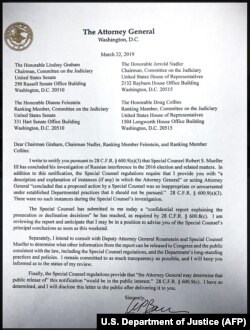 U.S. -- This copy of a letter from U.S. Attorney General William Barr to ranking members of the U.S. Senate Committee on the Judiciary released by the Department of Justice on March 22, 2019 announces that the report by Special Counsel Robert S. Mueller has concluded.