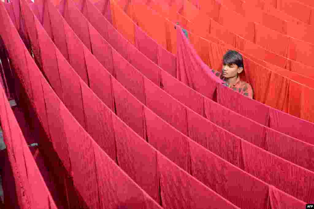 An artisan dries stoles after dyeing in Amritsar, India.