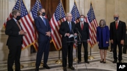 Senate Majority Leader Mitch McConnell, R-Ky., speaks to reporters following a closed-door meeting where the Republican Conference held leadership elections, on Capitol Hill in Washington, Nov. 10, 2020. 