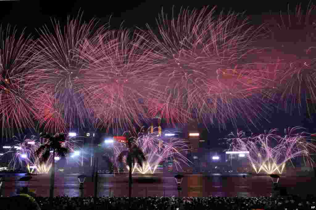 Fireworks explode over Hong Kong's Victoria Harbor to celebrate the China's National Day.