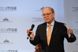 FILE - Wolfgang Ischinger, chairman of the Munich Security Conference is seen during his closing speech at last year's Munich Security Conference, in Munich, southern Germany, Feb. 17, 2019.