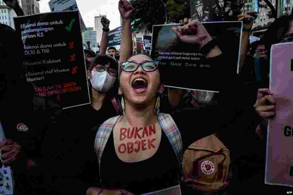 Protesters attend a demonstration against President Prabowo Subianto's government, calling for various demands including reviews of government budget cuts and the free nutritious meal program for schools, in Jakarta.