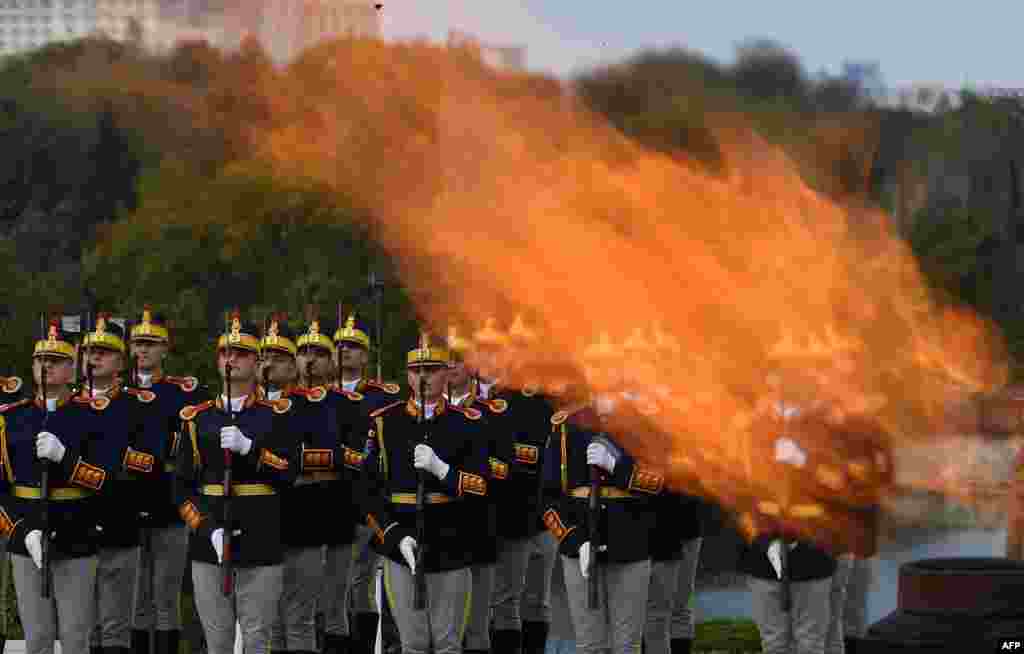 Romanian military takes part in celebration of the Romanian Army Force's Day next to the Monument of Unknown Soldier at Carol Park in Bucharest.