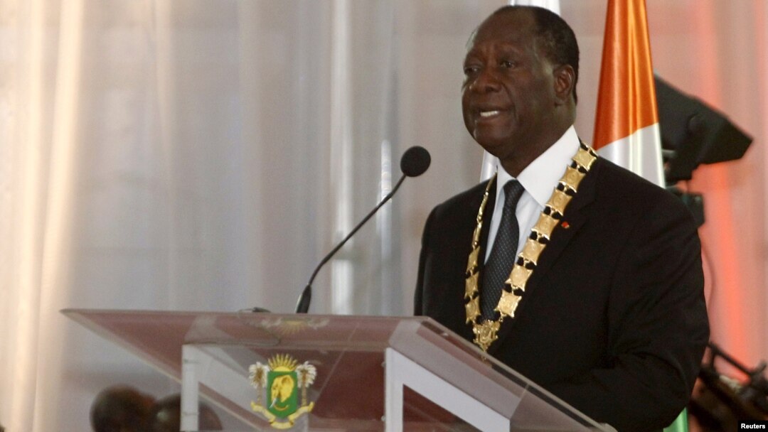 Ivory Coast President Alassane Ouattara speaks during his inauguration ceremony at the Presidential Palace in Abidjan, Ivory Coast, Nov. 3, 2015.